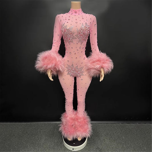 FURINFASHION HU-09  Luxury Sexy Slim Bodysuit Set With Rhinestone Real Fox Fur Trim Women Clothing One Piece Jumpsuit