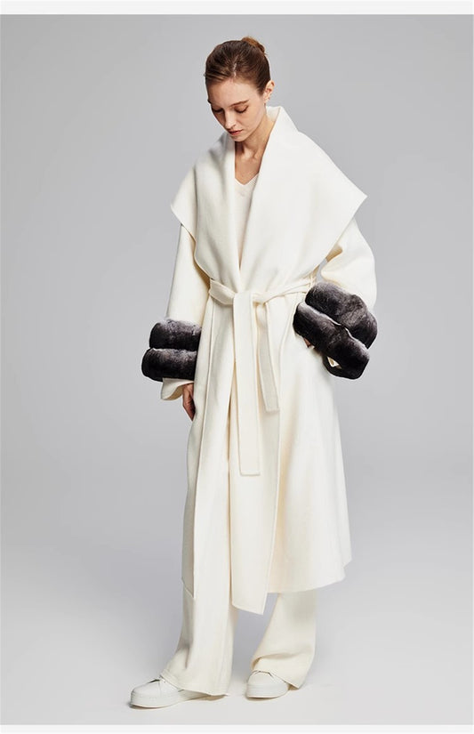 X-04 Women's Slim Fitting Long Wool Coat With Real Rex Rabbit Fur Cuffs With Chinchilla Color Luxury Sexy Jacket