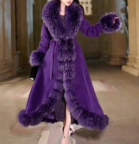 Women's Long Cashmere Coats With Real Big Raccoon Fur Trim Luxury Temperament  Jackets