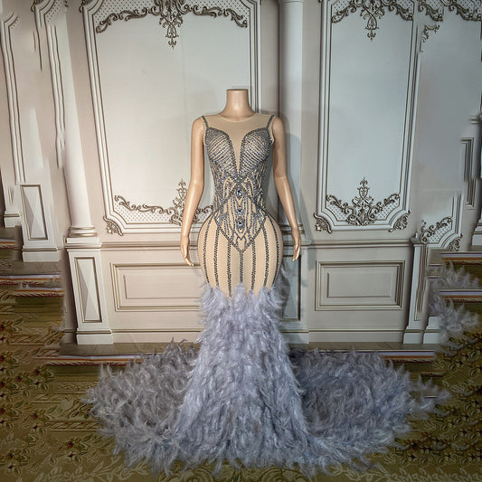 PU-5 Women's Sleeveless Transparent Crystal Rhinestone Bridal Dress With Long Feather Fishtail Dresses