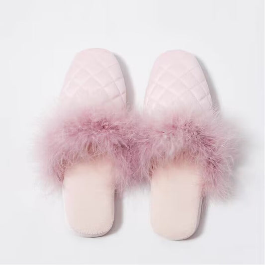 Women's Warm Closed Finger Slippers With Fluffy Real Ostrich Feather Trim Non Slip Soft Soled Home Slides